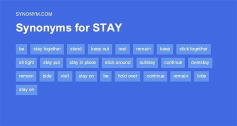 Stay synonym - More 3280 Stay synonyms. What are another words for Stay? Stop, remain, delay, continue. Full list of synonyms for Stay is here.